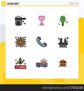 Modern Set of 9 Filledline Flat Colors and symbols such as telephone, contact, instrument, call, sunflower Editable Vector Design Elements