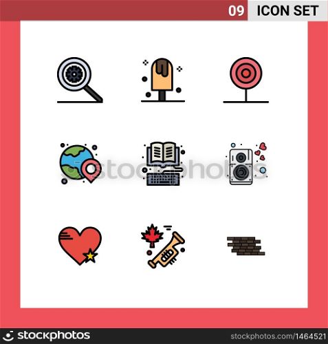 Modern Set of 9 Filledline Flat Colors Pictograph of book, location, candy, globe, kitchen Editable Vector Design Elements