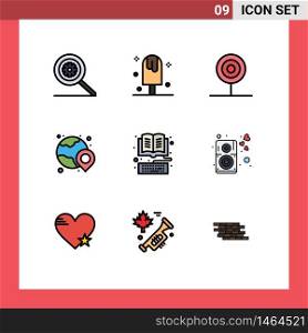 Modern Set of 9 Filledline Flat Colors Pictograph of book, location, candy, globe, kitchen Editable Vector Design Elements