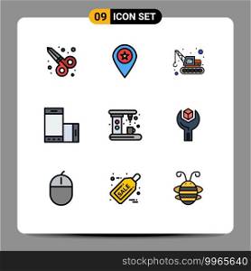 Modern Set of 9 Filledline Flat Colors Pictograph of coffee, smartphone, excavator, rotate, mobile Editable Vector Design Elements