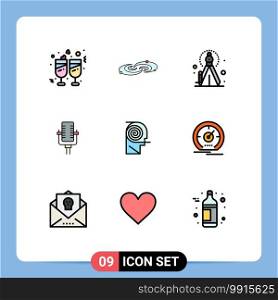 Modern Set of 9 Filledline Flat Colors Pictograph of comprehension, song, universe, record, microphone Editable Vector Design Elements