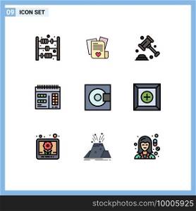 Modern Set of 9 Filledline Flat Colors Pictograph of products, electronics, protection, devices, calendar Editable Vector Design Elements