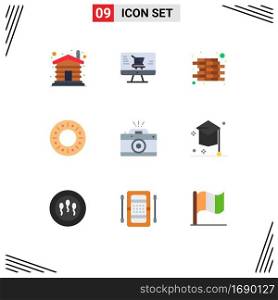 Modern Set of 9 Flat Colors and symbols such as aperture, capture, construction, photography, food Editable Vector Design Elements