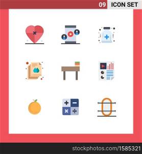 Modern Set of 9 Flat Colors and symbols such as chair, print, video, page, hospital Editable Vector Design Elements