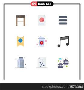 Modern Set of 9 Flat Colors Pictograph of coffee, hot, list, hotel, passboart Editable Vector Design Elements
