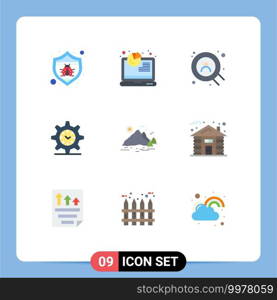 Modern Set of 9 Flat Colors Pictograph of landscape, nature, web, watch, setting Editable Vector Design Elements