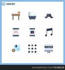 Modern Set of 9 Flat Colors Pictograph of music, video, movember, cell, touch Editable Vector Design Elements
