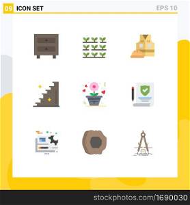 Modern Set of 9 Flat Colors Pictograph of romance, flower, labour jacket, stairs, floor Editable Vector Design Elements