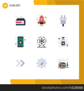Modern Set of 9 Flat Colors Pictograph of wheel, ferris, connector, mobile, application Editable Vector Design Elements