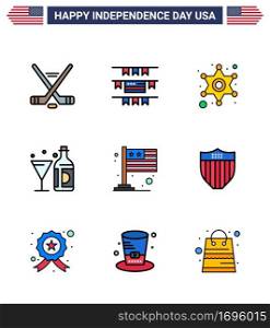 Modern Set of 9 Flat Filled Lines and symbols on USA Independence Day such as flag; glass; police; bottle; wine Editable USA Day Vector Design Elements