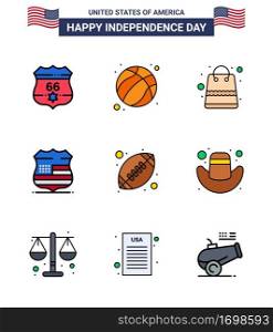 Modern Set of 9 Flat Filled Lines and symbols on USA Independence Day such as rugby  security  bag  usa  shield Editable USA Day Vector Design Elements