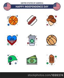 Modern Set of 9 Flat Filled Lines and symbols on USA Independence Day such as football; cola; cowboy; bottle; love Editable USA Day Vector Design Elements