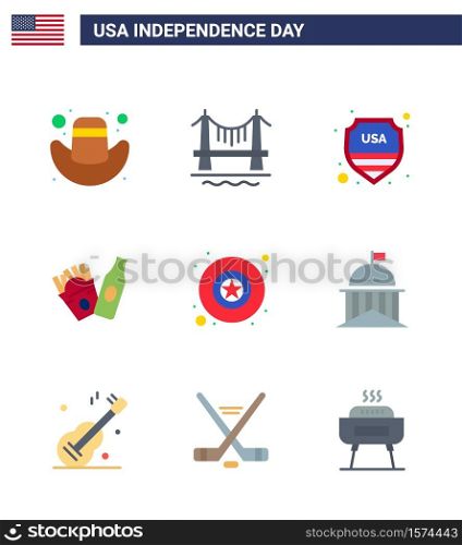 Modern Set of 9 Flats and symbols on USA Independence Day such as city; military; shield; badge; frise Editable USA Day Vector Design Elements