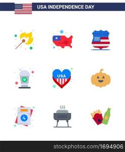 Modern Set of 9 Flats and symbols on USA Independence Day such as heart; soda; shield; drink; bottle Editable USA Day Vector Design Elements