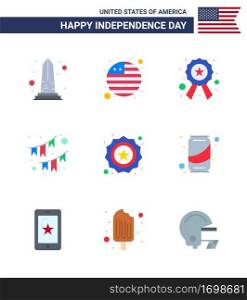 Modern Set of 9 Flats and symbols on USA Independence Day such as american; party; badge; decoration; american Editable USA Day Vector Design Elements