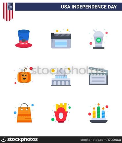 Modern Set of 9 Flats and symbols on USA Independence Day such as wisconsin; madison; cola; capitol; pumpkin Editable USA Day Vector Design Elements