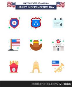 Modern Set of 9 Flats and symbols on USA Independence Day such as cap  usa  calender  international  country Editable USA Day Vector Design Elements