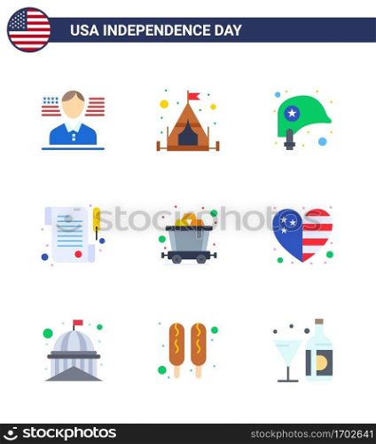 Modern Set of 9 Flats and symbols on USA Independence Day such as country; rail; protection; mine; day Editable USA Day Vector Design Elements