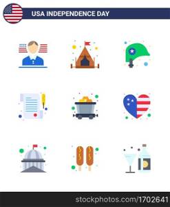Modern Set of 9 Flats and symbols on USA Independence Day such as country; rail; protection; mine; day Editable USA Day Vector Design Elements