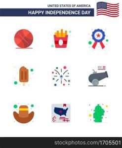 Modern Set of 9 Flats and symbols on USA Independence Day such as usa; fire; police; firework; popsicle Editable USA Day Vector Design Elements