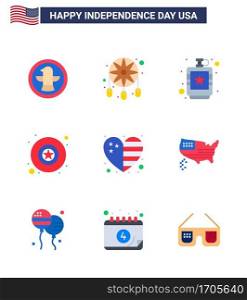 Modern Set of 9 Flats and symbols on USA Independence Day such as country  star  alcoholic  military  liquid Editable USA Day Vector Design Elements