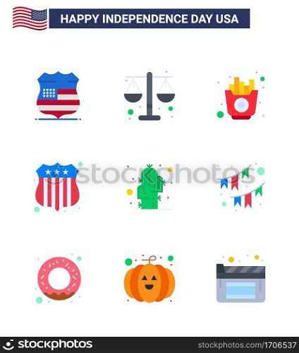 Modern Set of 9 Flats and symbols on USA Independence Day such as plant  cactus  fast  usa police  badge Editable USA Day Vector Design Elements