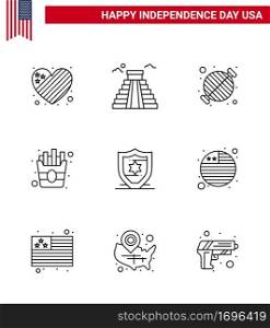 Modern Set of 9 Lines and symbols on USA Independence Day such as protection; fries; food; food; party Editable USA Day Vector Design Elements