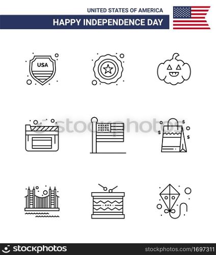 Modern Set of 9 Lines and symbols on USA Independence Day such as bag; united; american; states; film Editable USA Day Vector Design Elements