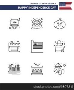Modern Set of 9 Lines and symbols on USA Independence Day such as bag; united; american; states; film Editable USA Day Vector Design Elements