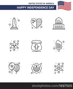 Modern Set of 9 Lines and symbols on USA Independence Day such as sheild; police; usa; military; usa Editable USA Day Vector Design Elements
