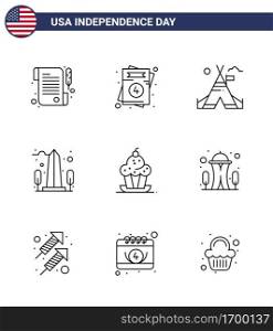 Modern Set of 9 Lines and symbols on USA Independence Day such as dessert  washington  tent  usa  monument Editable USA Day Vector Design Elements