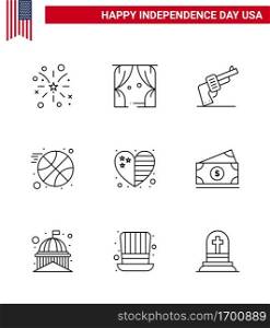 Modern Set of 9 Lines and symbols on USA Independence Day such as flag  heart  gun  sports  basketball Editable USA Day Vector Design Elements