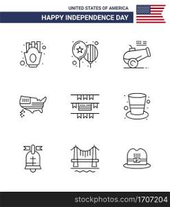 Modern Set of 9 Lines and symbols on USA Independence Day such as party decoration  usa  big gun  thanksgiving  american Editable USA Day Vector Design Elements