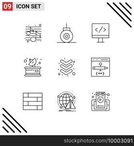 Modern Set of 9 Outlines and symbols such as app, down, monitor, arrow, parabolic Editable Vector Design Elements