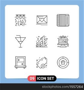 Modern Set of 9 Outlines and symbols such as autumn, holiday, wedding, glass, music Editable Vector Design Elements