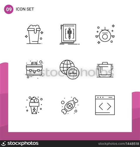 Modern Set of 9 Outlines and symbols such as cooker, thing, program, portfolio, travel Editable Vector Design Elements
