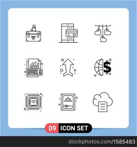 Modern Set of 9 Outlines and symbols such as data, hanging, mobile, love, heart Editable Vector Design Elements