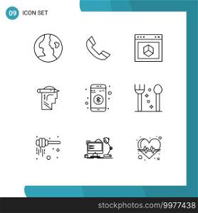 Modern Set of 9 Outlines and symbols such as data, write, browser, thinking, head Editable Vector Design Elements