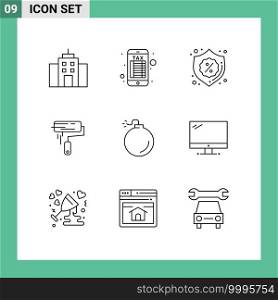 Modern Set of 9 Outlines and symbols such as explosive, paint brush, badge, wall, paint Editable Vector Design Elements