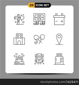 Modern Set of 9 Outlines and symbols such as location, sports, apartment, racket, travelling Editable Vector Design Elements
