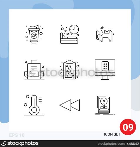 Modern Set of 9 Outlines and symbols such as path, school bag, time, outdoors, backpacking Editable Vector Design Elements