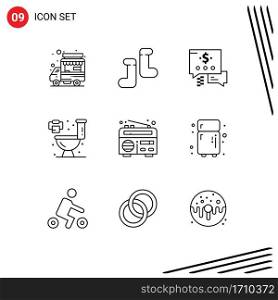 Modern Set of 9 Outlines and symbols such as refrigerator, electronic, dollar, radio, frequency Editable Vector Design Elements