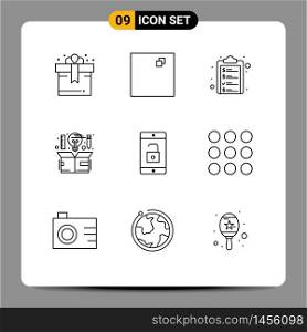 Modern Set of 9 Outlines and symbols such as unlock, mobile, money, application, idea Editable Vector Design Elements