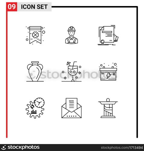 Modern Set of 9 Outlines and symbols such as vase, history, certificate, greece, agreement Editable Vector Design Elements