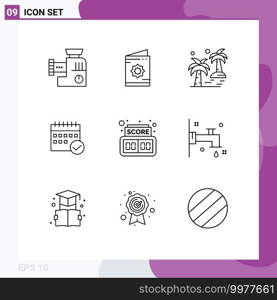 Modern Set of 9 Outlines Pictograph of calendar, approved, roza, schedule, beach Editable Vector Design Elements