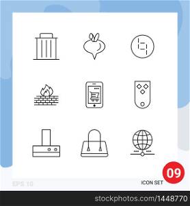 Modern Set of 9 Outlines Pictograph of cart, network, ybcoin, firewall, antivirus Editable Vector Design Elements