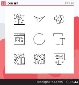 Modern Set of 9 Outlines Pictograph of clockwise, js, coin, development, coding Editable Vector Design Elements
