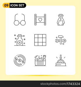 Modern Set of 9 Outlines Pictograph of computing, grid, clothing, spa, massage Editable Vector Design Elements