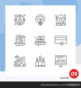 Modern Set of 9 Outlines Pictograph of cubes, share, solution, location, internet Editable Vector Design Elements