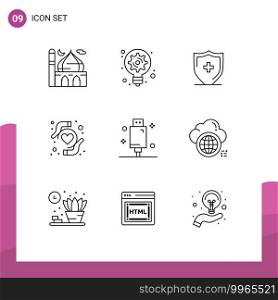 Modern Set of 9 Outlines Pictograph of devices, heart protection, light bulb, heart health, shield Editable Vector Design Elements